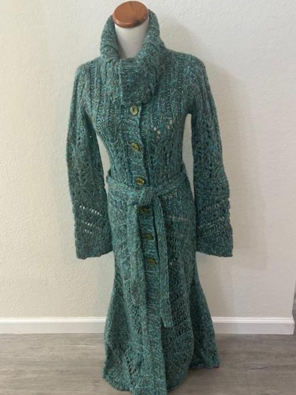 Free People Blue Green Woven Knit Long Sweater Coat Belted Small New!